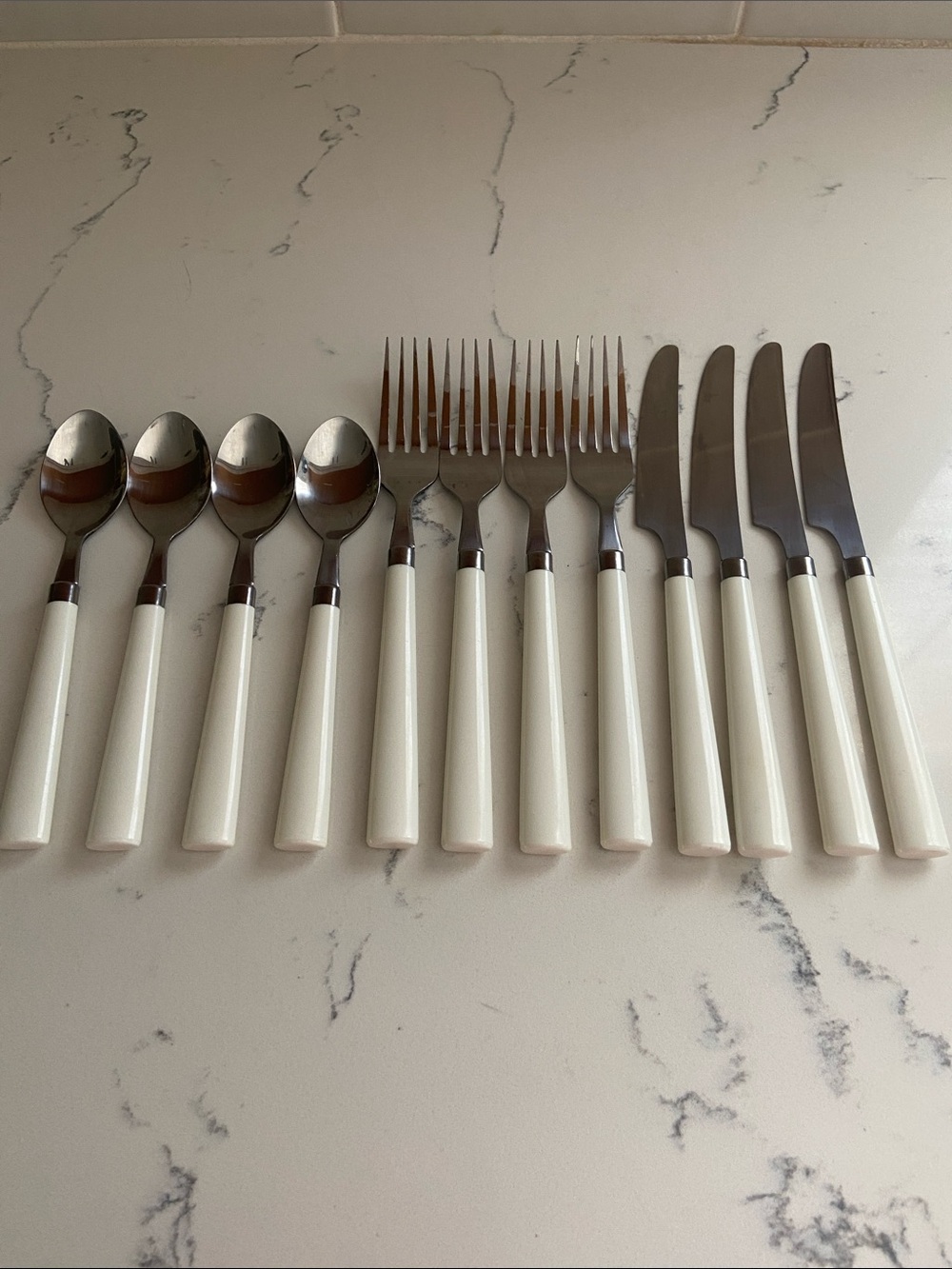 Vintage Mid Century White Handle Flatware Set 12 Pieces Stainless Taiwan
